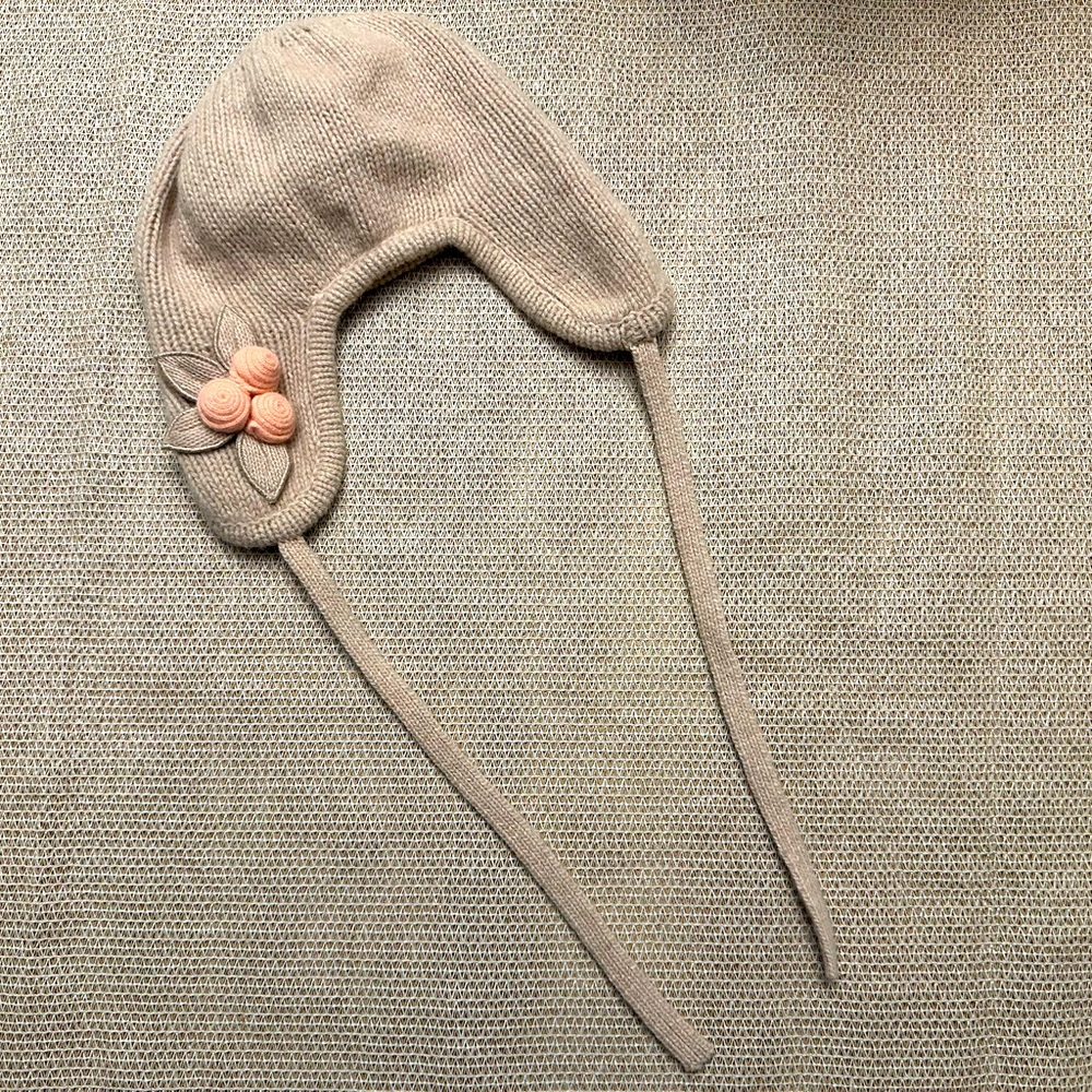 Anthropologie Lambswool/Angora Beanie with Ear Warmers and Chin-tie, Like New